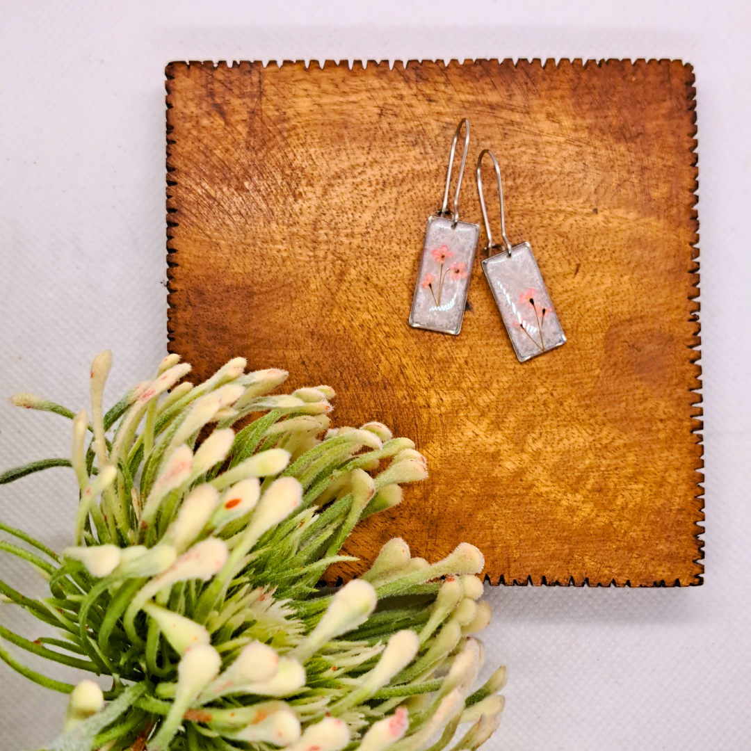 Small Rectangle Dangle Earring - Real Pink Pressed Flowers in White Resin Set in Stainless Steel