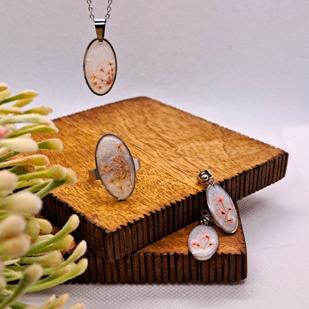 Medium Oval Necklace (Chain 45+5cm) - Real Pink Pressed Flowers in White Resin Set in Stainless Steel