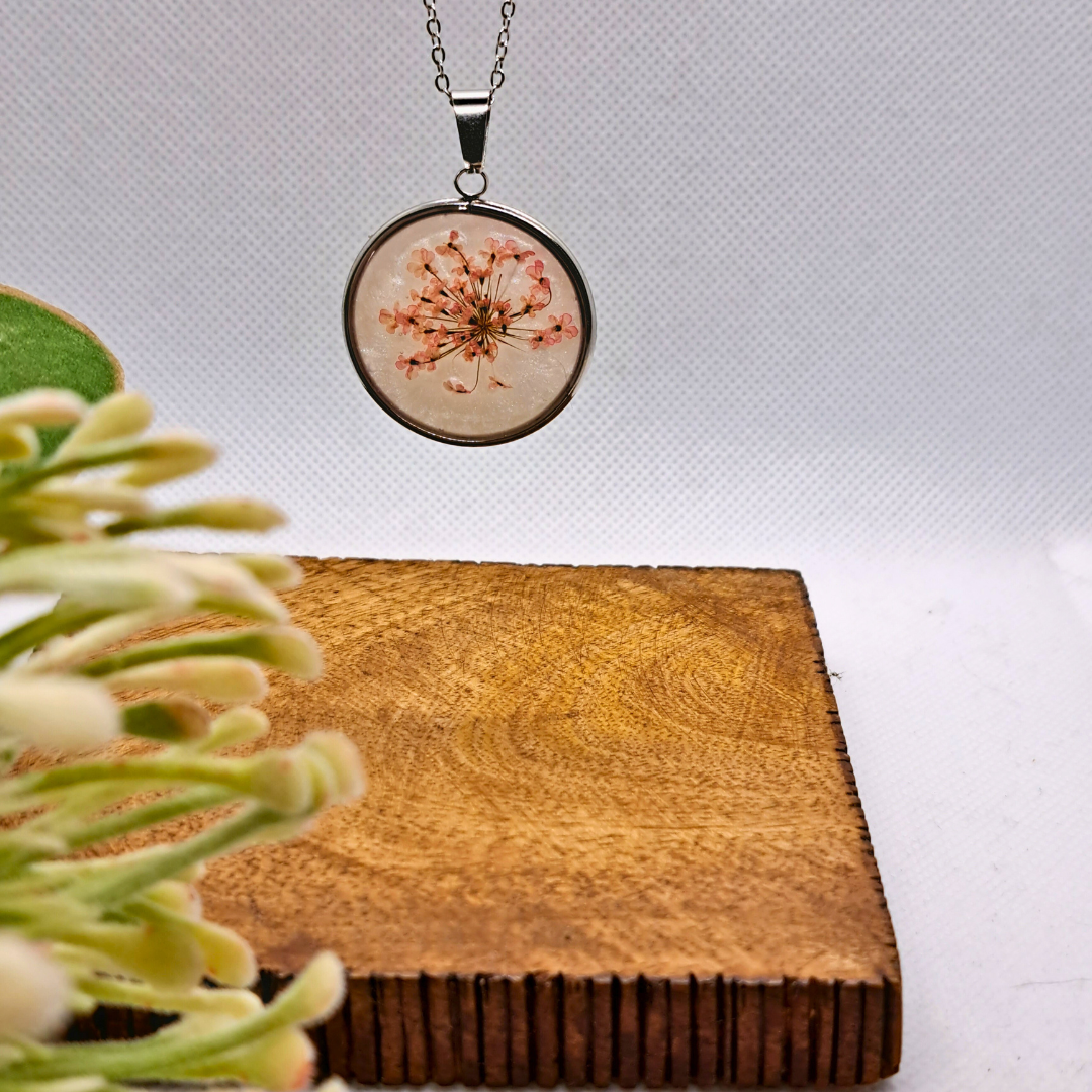 Medium Round Necklace (Chain 45+5cm) - Real Pink Pressed Flowers in White Resin Set in Stainless Steel