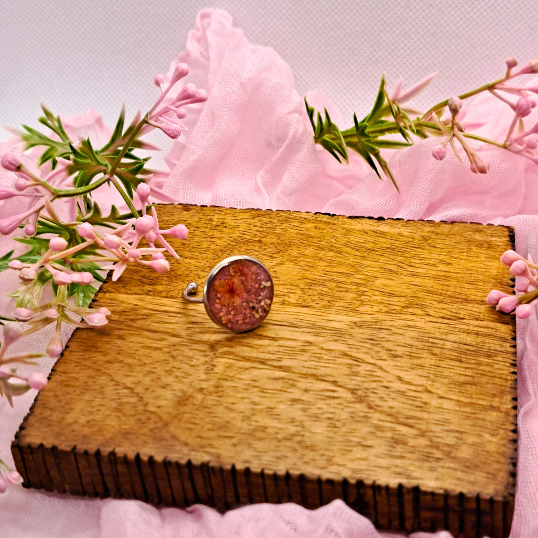 Medium Round Ring - Real Pink and White Pressed Flowers in Pink Resin Set in Stainless Steel