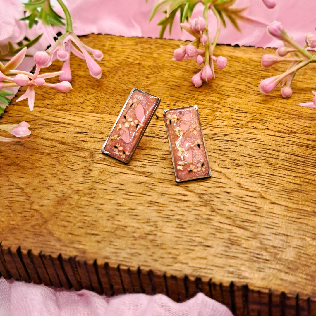 Small Rectangle Stud Earring - Real Pink and White Pressed Flowers in Pink Resin Set in Stainless Steel