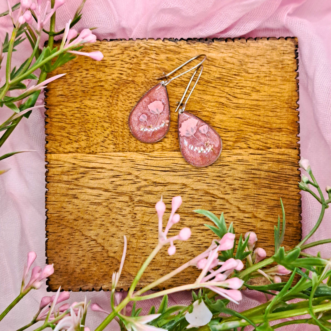 Small Tear Drop Dangle Earring - Real Pink and White Pressed Flowers in Pink Resin Set in Stainless Steel