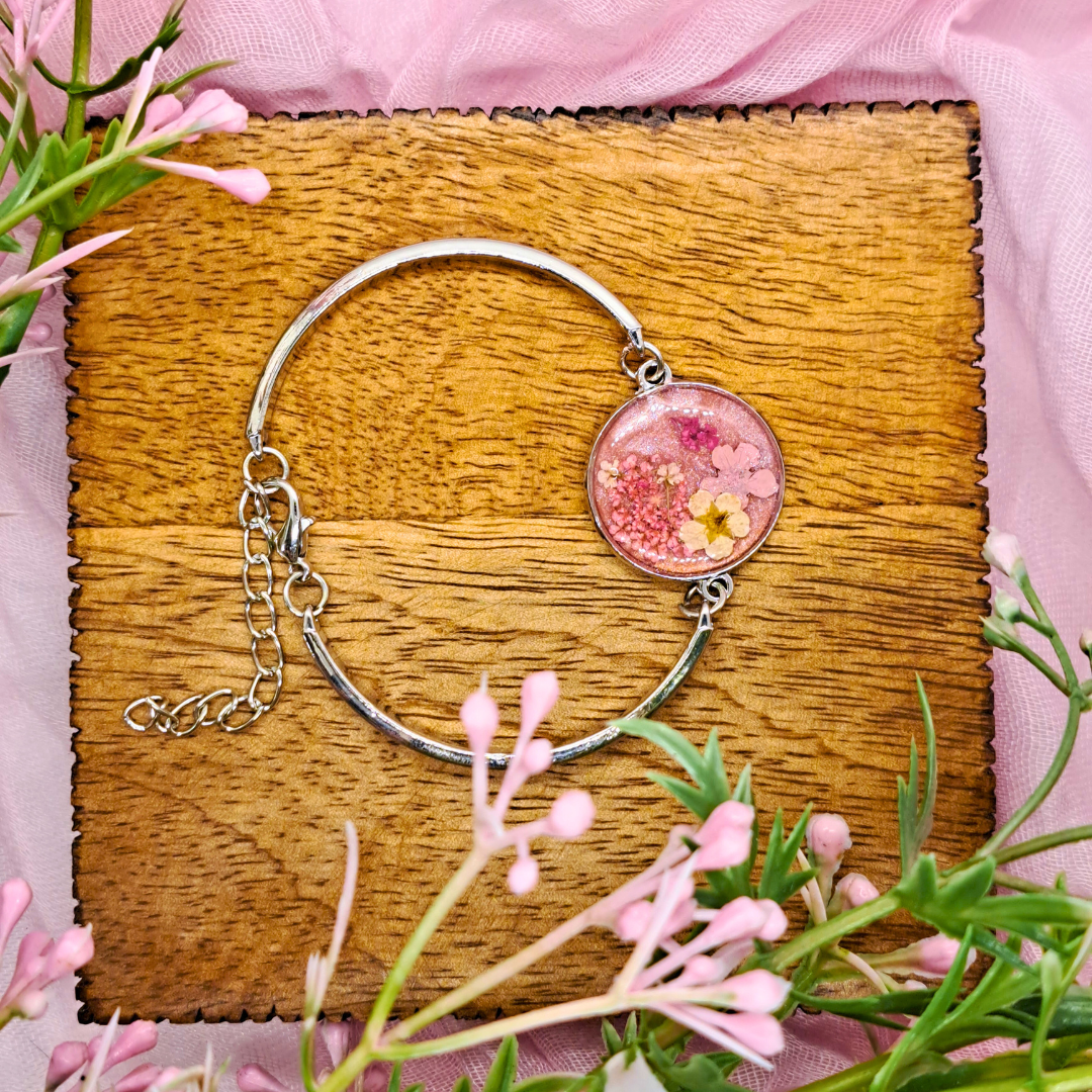 Medium Round Bangle - Real Pink and White Pressed Flowers in Pink Resin Set in Stainless Steel