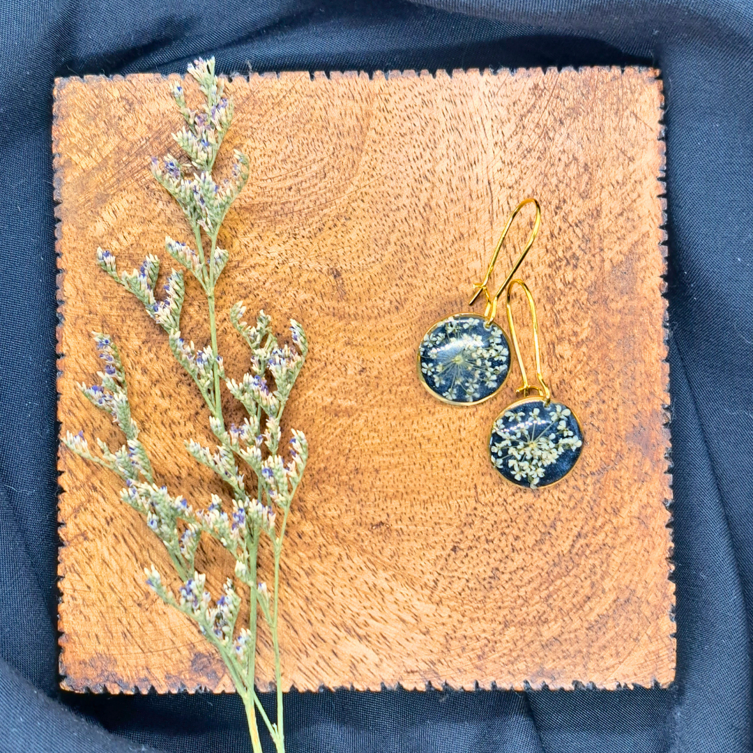 Small Round Dangle Earring - Real White Pressed Flowers in Black Resin Set in Gold-Plated Stainless Steel
