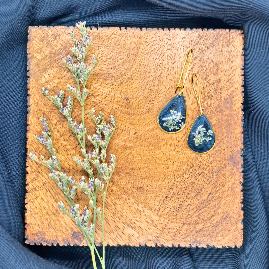 Small Tear Drop Dangle Earring - Real White Pressed Flowers in Black Resin Set in Gold-Plated Stainless Steel