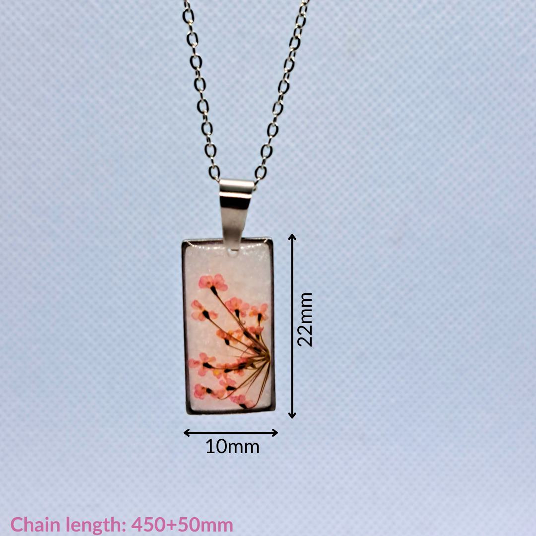 Medium Rectangle Necklace (Chain 45+5cm) - Real Pink Pressed Flowers in White Resin Set in Stainless Steel