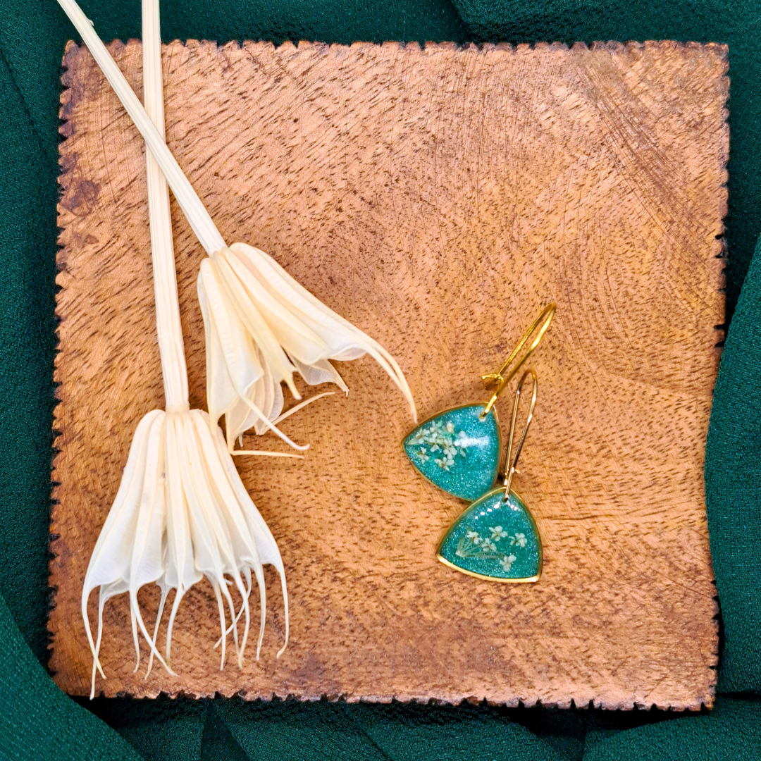 Small Curved Triangle Dangle Earring - Real White Pressed Flowers in Green Resin Set in Gold-Plated Stainless Steel