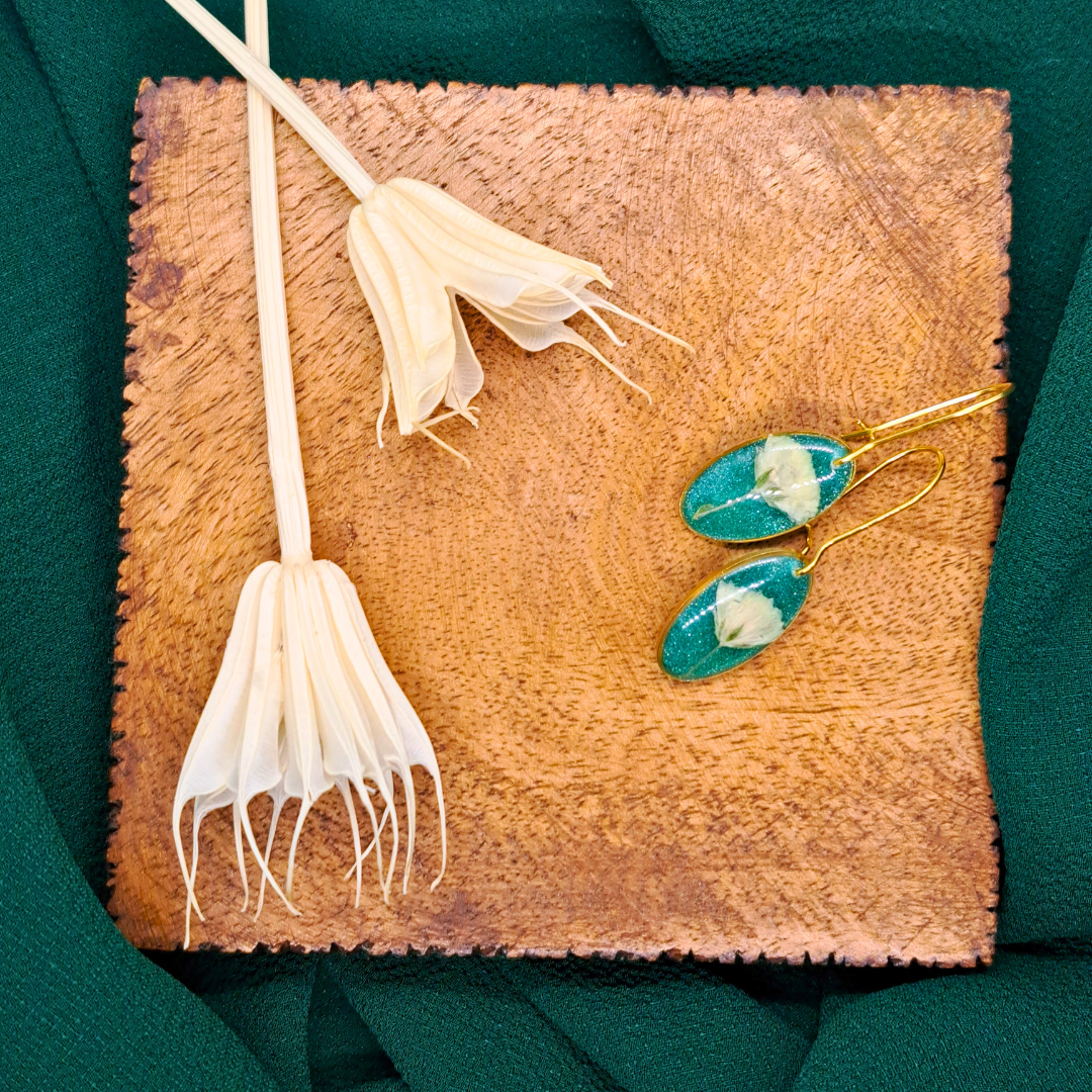 Small Oval Dangle Earring - Real White Pressed Flowers in Green Resin Set in Gold-Plated Stainless Steel