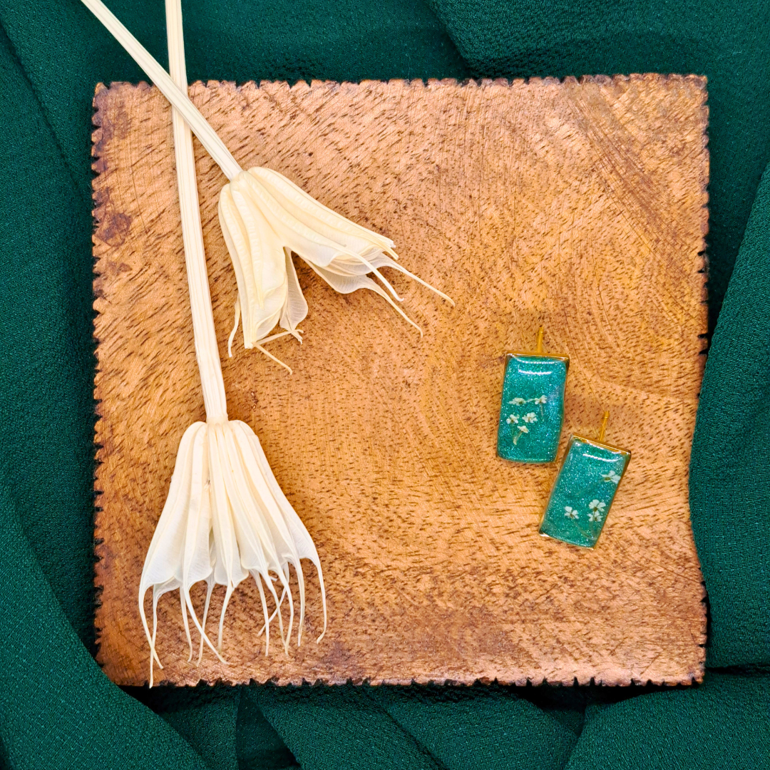 Small Rectangle Stud Earring - Real White Pressed Flowers in Green Resin Set in Gold-Plated Stainless Steel