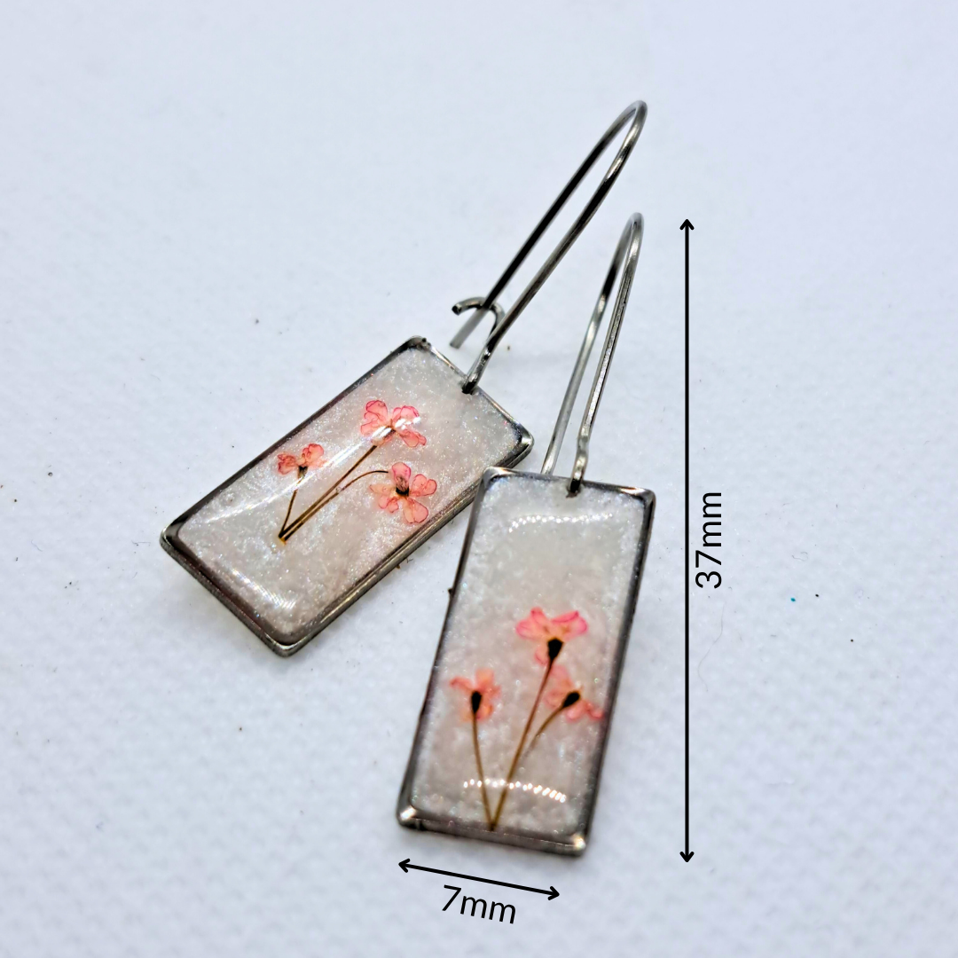 Small Rectangle Dangle Earring - Real Pink Pressed Flowers in White Resin Set in Stainless Steel