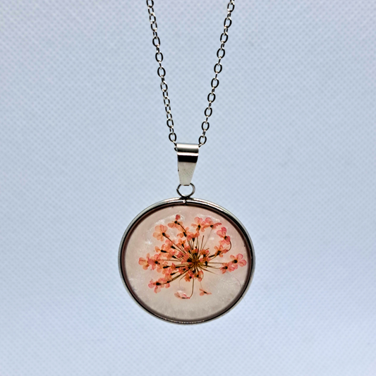 Medium Round Necklace (Chain 45+5cm) - Real Pink Pressed Flowers in White Resin Set in Stainless Steel