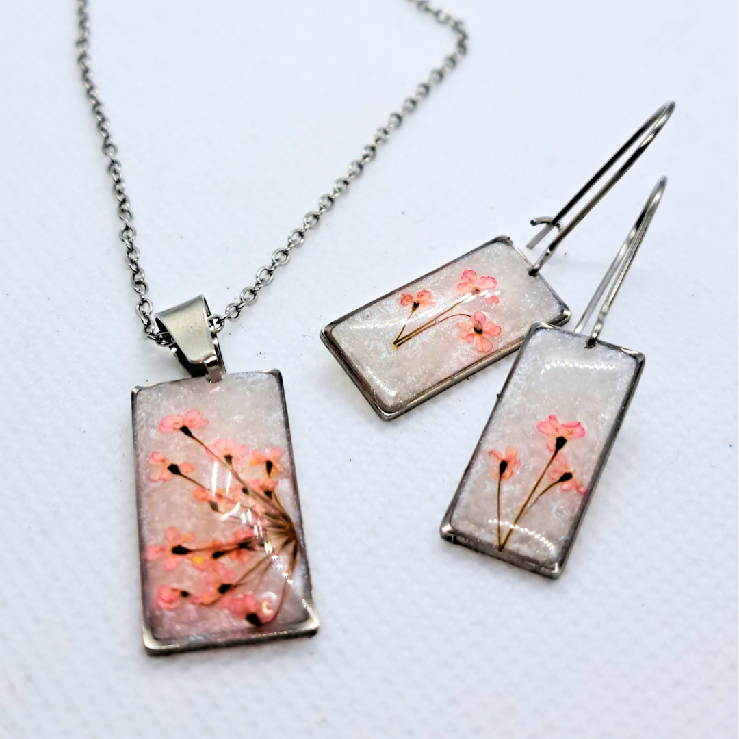 Small Rectangle Dangle Earring - Real Pink Pressed Flowers in White Resin Set in Stainless Steel