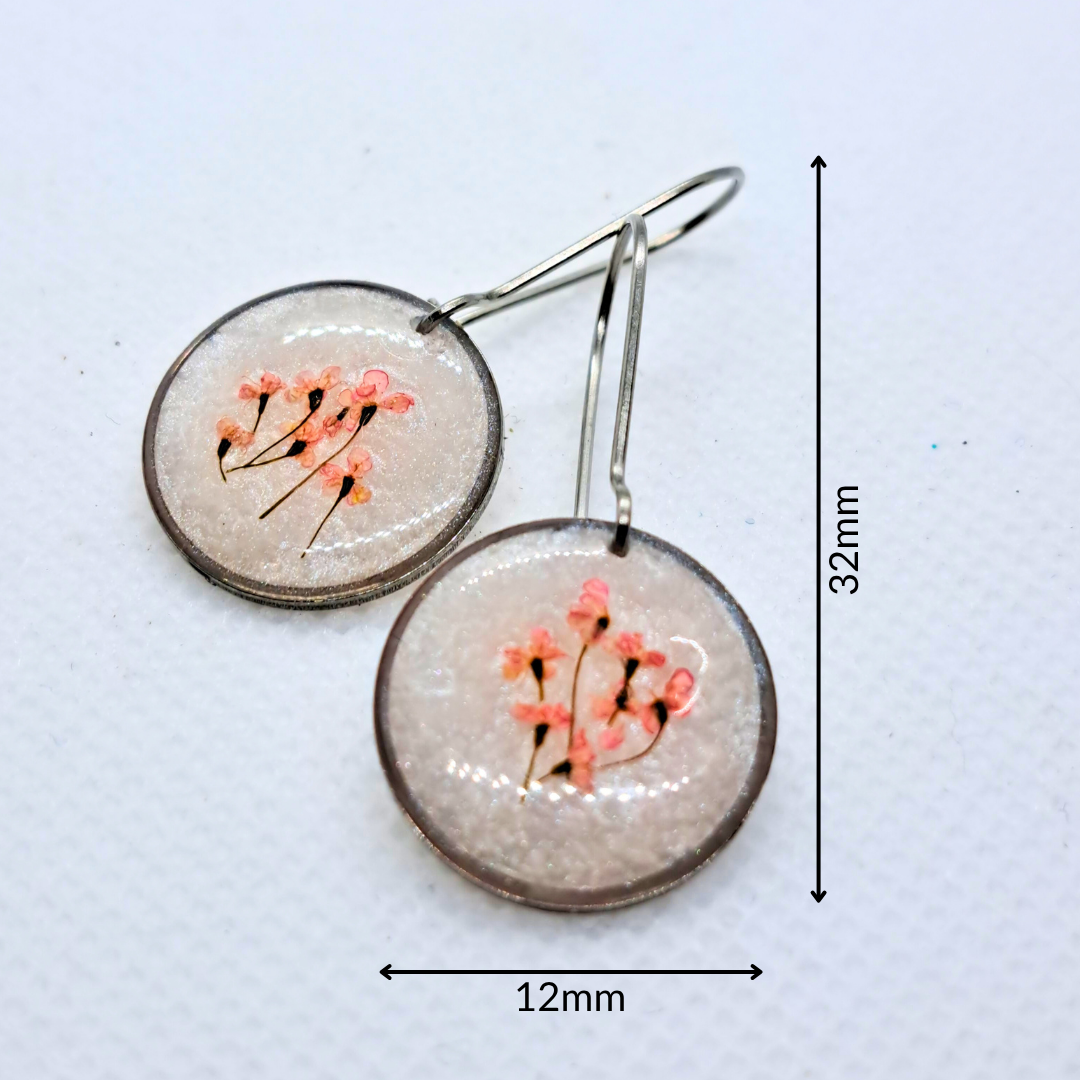 Small Round Dangle Earring - Real Pink Pressed Flowers in White Resin Set in Stainless Steel