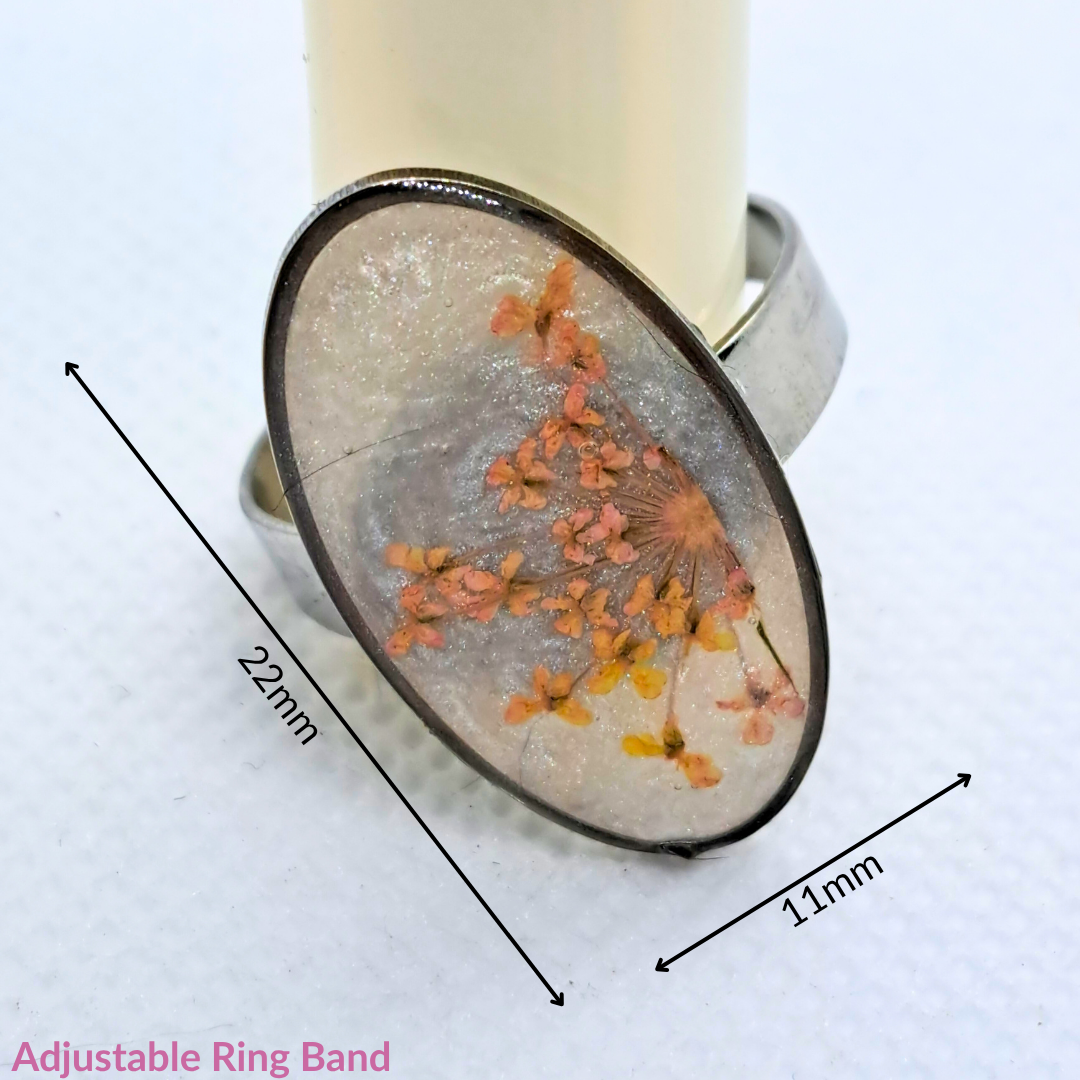Medium Oval Ring - Real Pink Pressed Flowers in White Resin Set in Stainless Steel