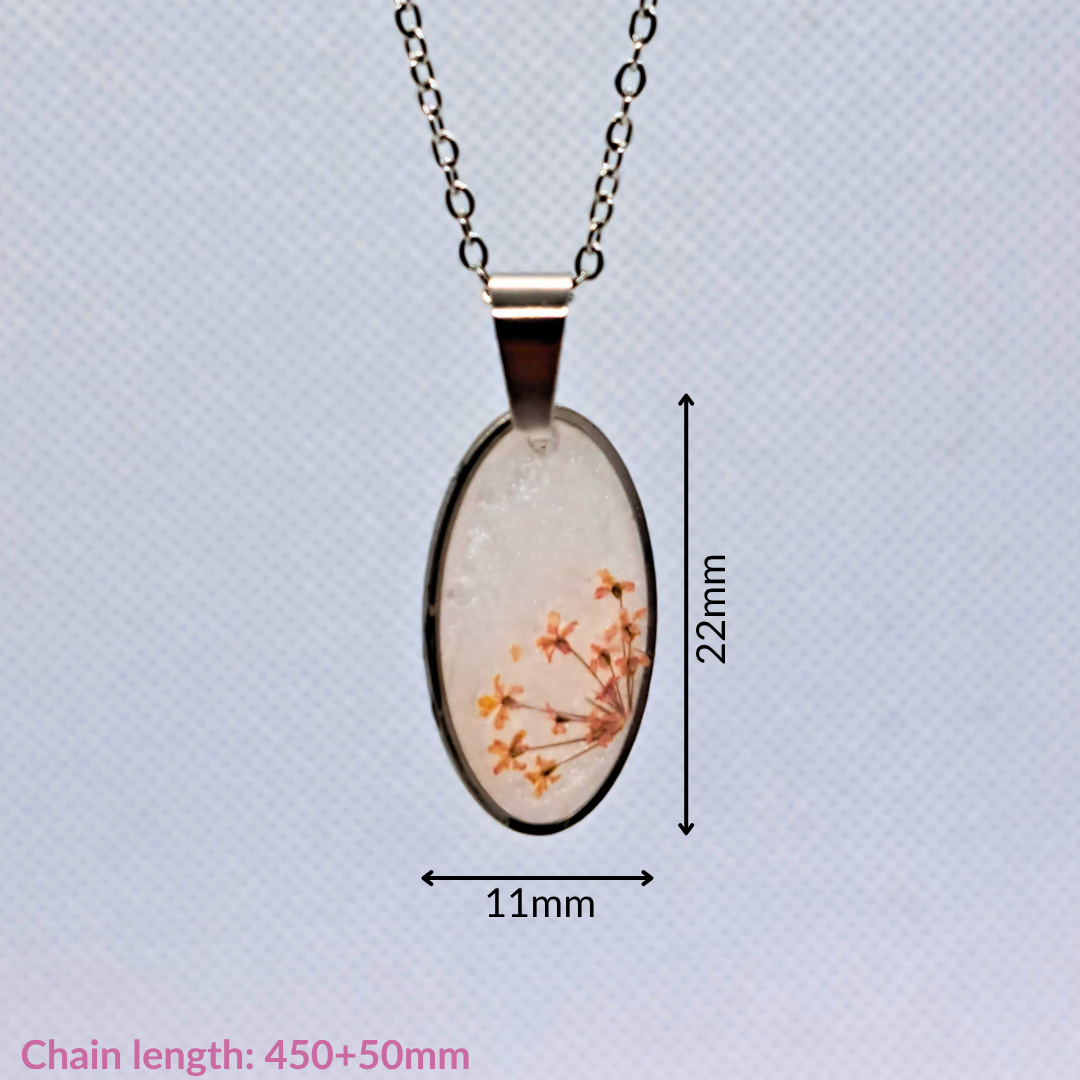 Medium Oval Necklace (Chain 45+5cm) - Real Pink Pressed Flowers in White Resin Set in Stainless Steel