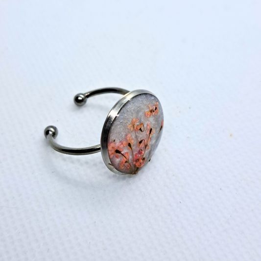 Medium Round Ring - Real Pink Pressed Flowers in White Resin Set in Stainless Steel