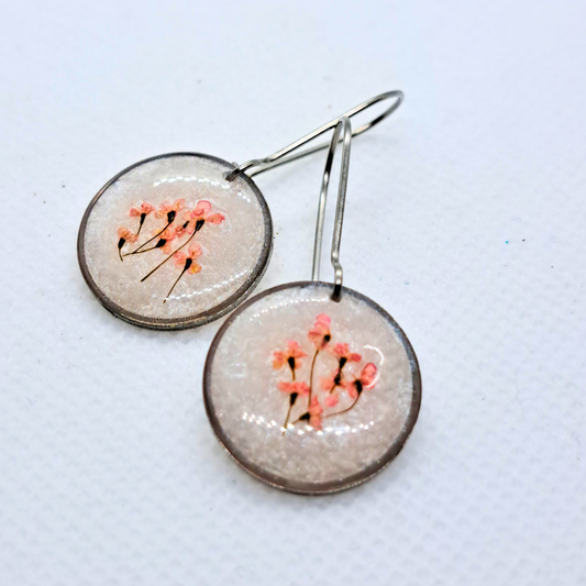 Small Round Dangle Earring - Real Pink Pressed Flowers in White Resin Set in Stainless Steel