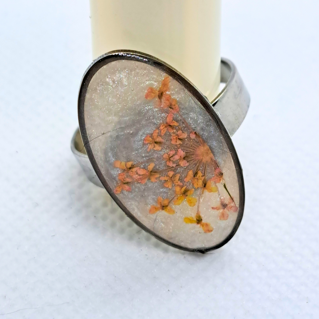 Medium Oval Ring - Real Pink Pressed Flowers in White Resin Set in Stainless Steel