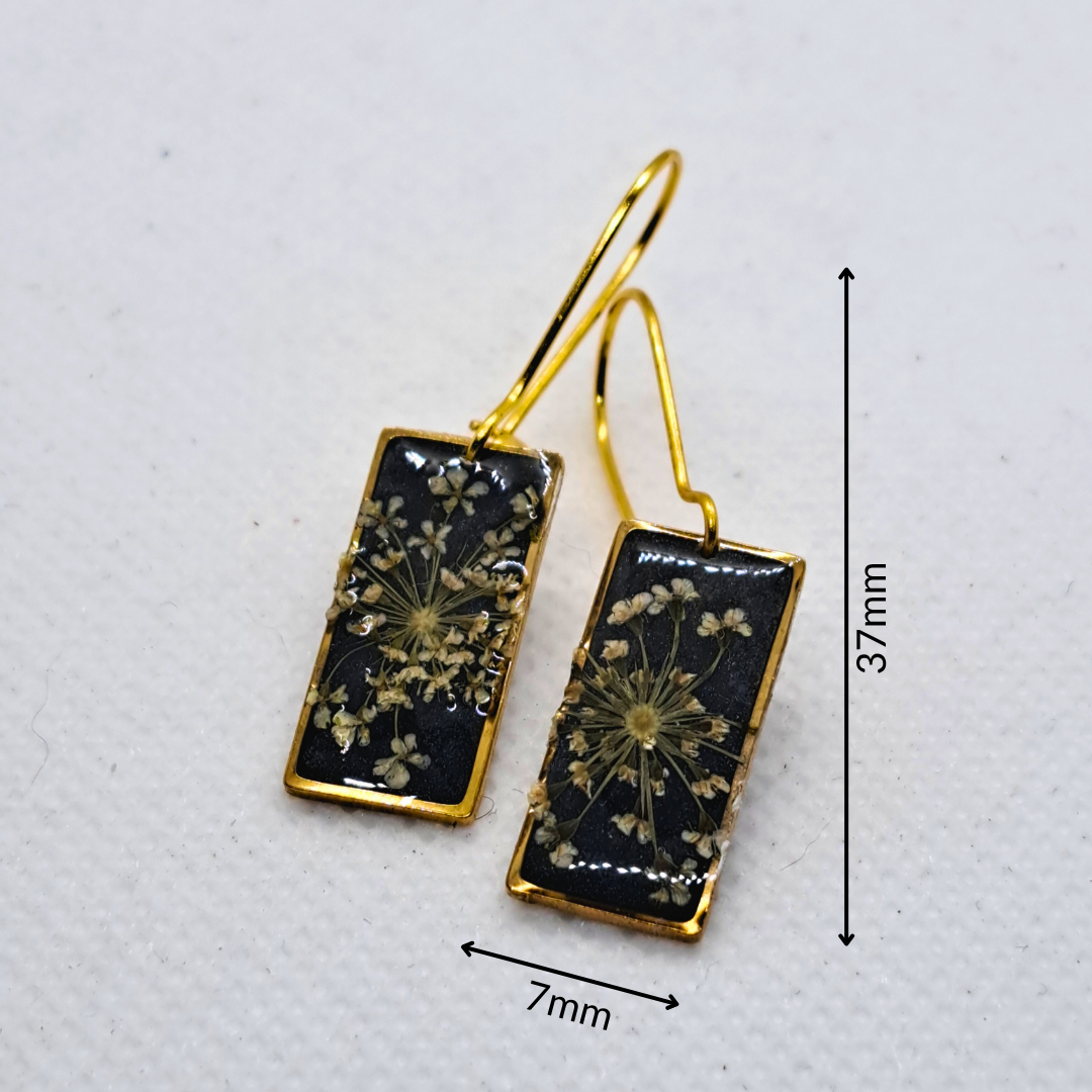 Small Rectangle Dangle Earring - Real White Pressed Flowers in Black Resin Set in Gold-Plated Stainless Steel