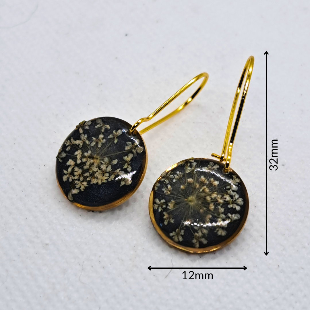Small Round Dangle Earring - Real White Pressed Flowers in Black Resin Set in Gold-Plated Stainless Steel