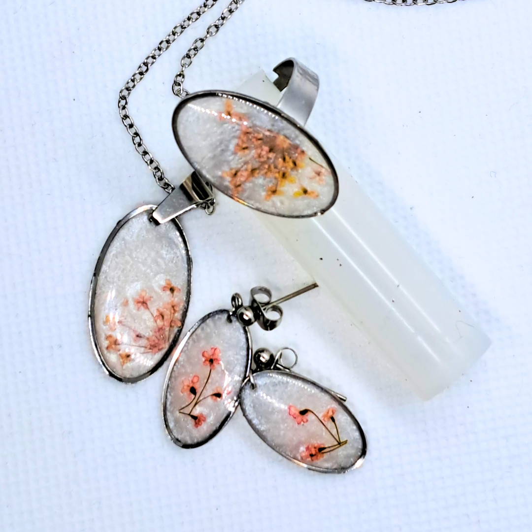 Small Oval Dangle Earring - Real Pink Pressed Flowers in White Resin Set in Stainless Steel