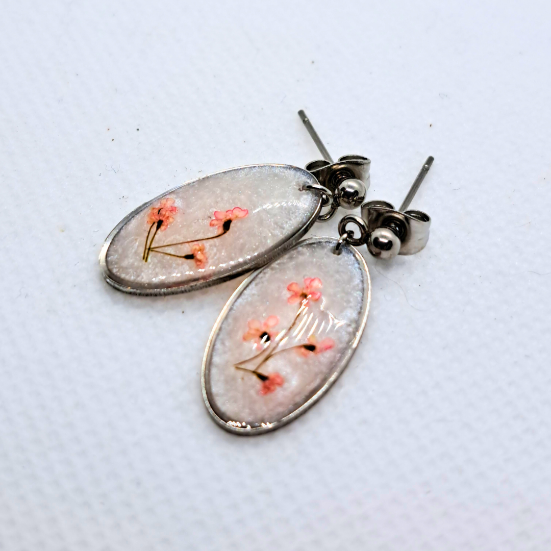 Small Oval Dangle Earring - Real Pink Pressed Flowers in White Resin Set in Stainless Steel