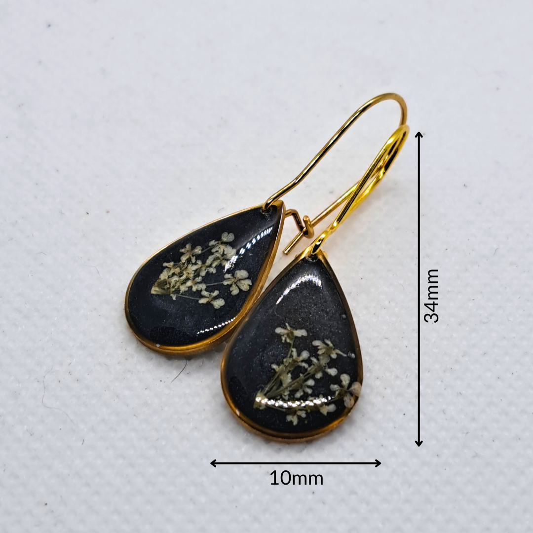 Small Tear Drop Dangle Earring - Real White Pressed Flowers in Black Resin Set in Gold-Plated Stainless Steel