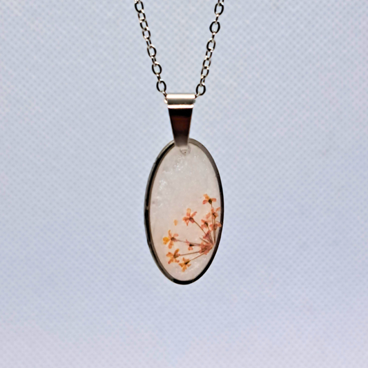 Medium Oval Necklace (Chain 45+5cm) - Real Pink Pressed Flowers in White Resin Set in Stainless Steel