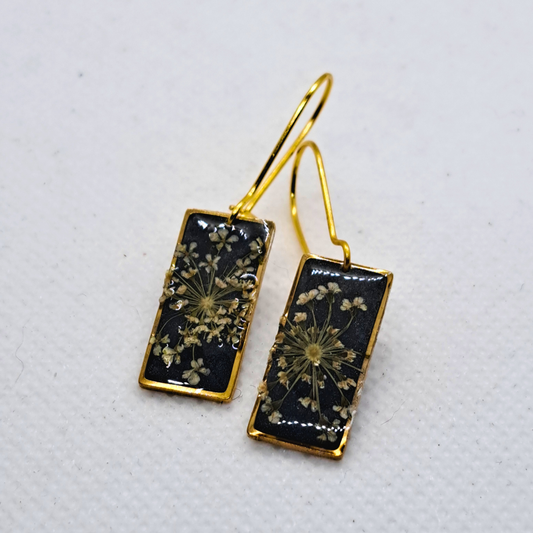 Small Rectangle Dangle Earring - Real White Pressed Flowers in Black Resin Set in Gold-Plated Stainless Steel