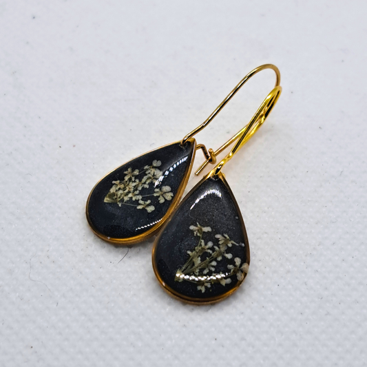 Small Tear Drop Dangle Earring - Real White Pressed Flowers in Black Resin Set in Gold-Plated Stainless Steel