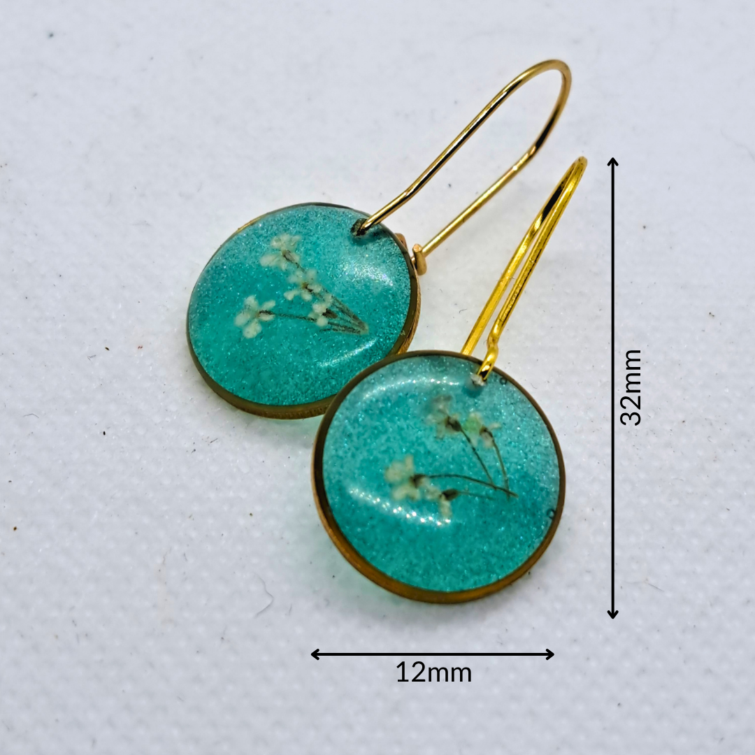 Small Round Dangle Earring - Real White Pressed Flowers in Green Resin Set in Gold-Plated Stainless Steel
