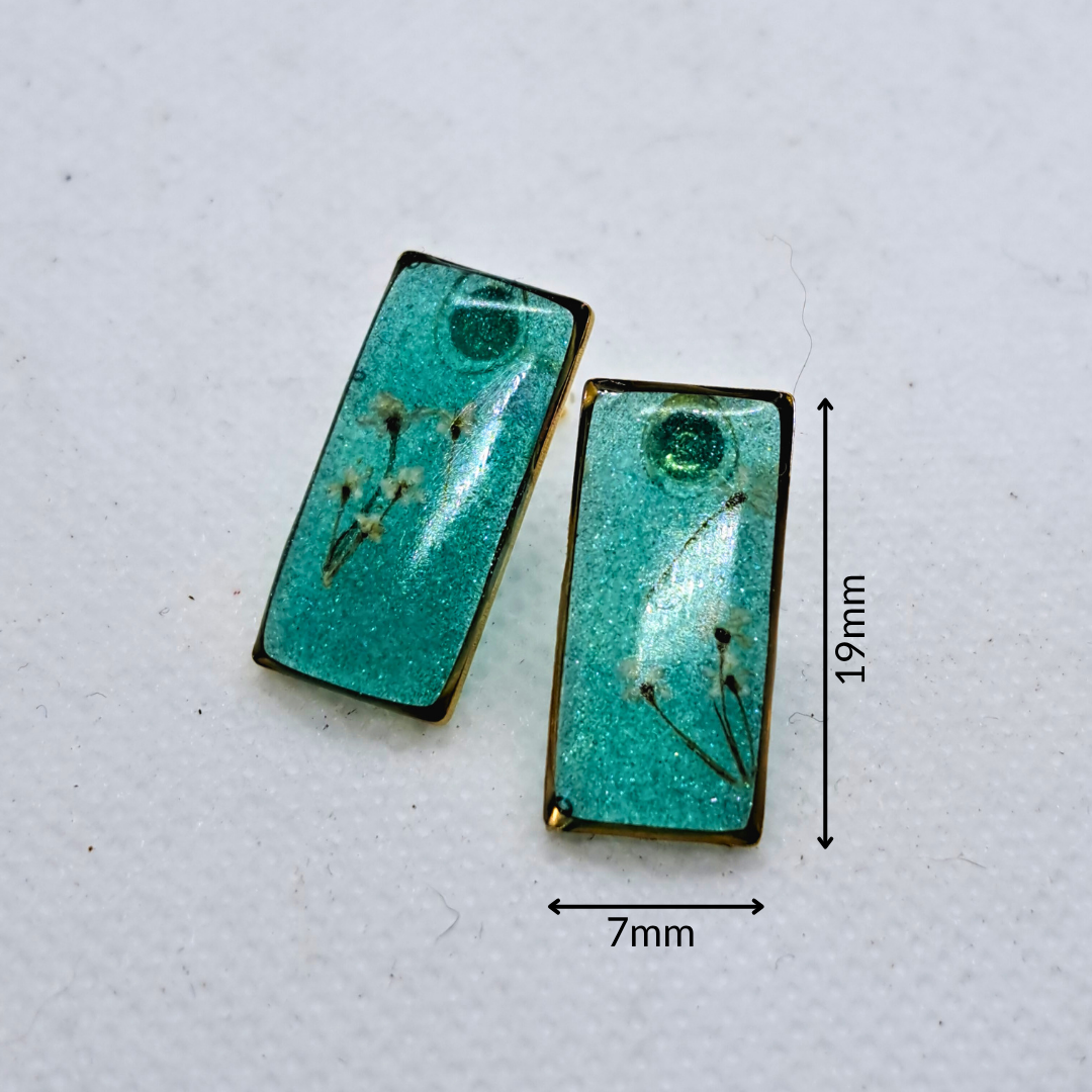 Small Rectangle Stud Earring - Real White Pressed Flowers in Green Resin Set in Gold-Plated Stainless Steel