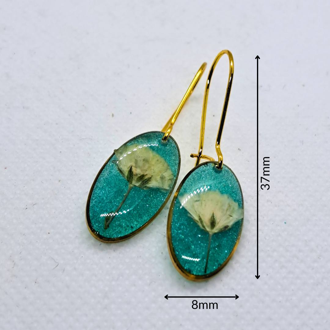 Small Oval Dangle Earring - Real White Pressed Flowers in Green Resin Set in Gold-Plated Stainless Steel