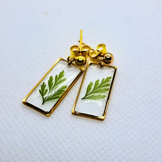 Small Rectangle Dangle Earring - Real Pressed Leaf in Resin Set in Gold-Plated Stainless Steel