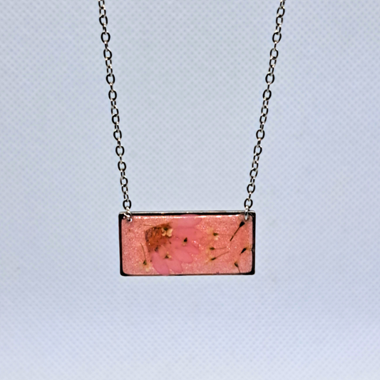 Medium Rectangle Necklace (Chain 45+5cm) - Real Pink and White Pressed Flowers in Pink Resin Set in Stainless Steel