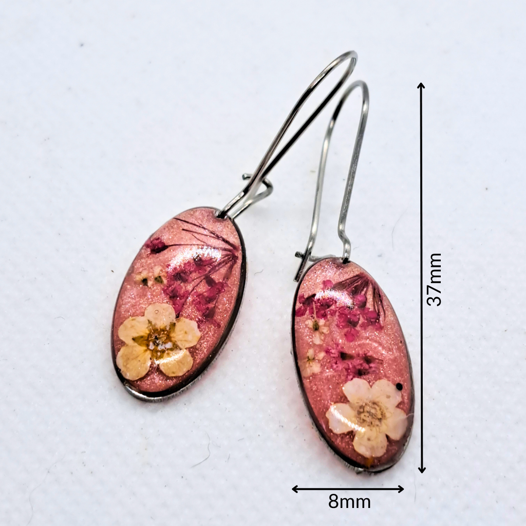 Small Oval Dangle Earring - Real Pink and White Pressed Flowers in Pink Resin Set in Stainless Steel