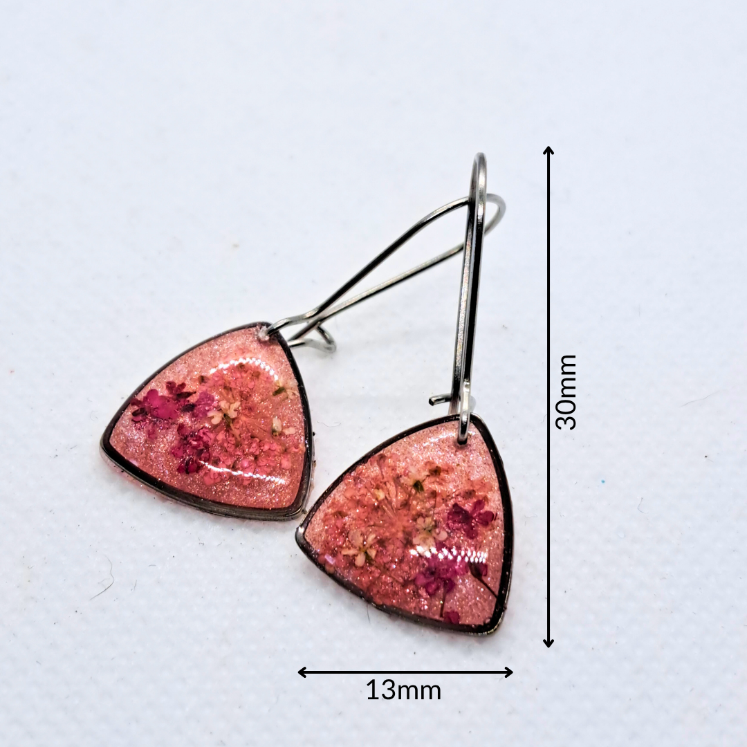 Small Curved Triangle Dangle Earring - Real Pink and White Pressed Flowers in Pink Resin Set in Stainless Steel