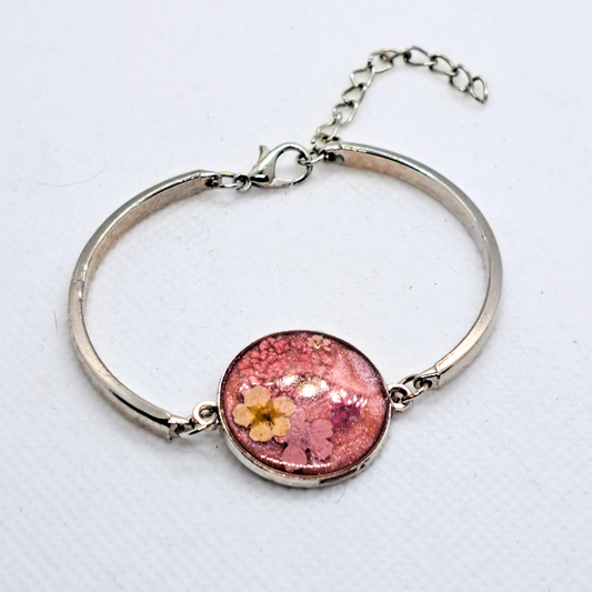 Medium Round Bangle - Real Pink and White Pressed Flowers in Pink Resin Set in Stainless Steel