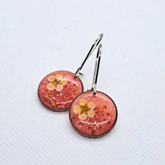 Small Round Dangle Earring - Real Pink and White Pressed Flowers in Pink Resin Set in Stainless Steel