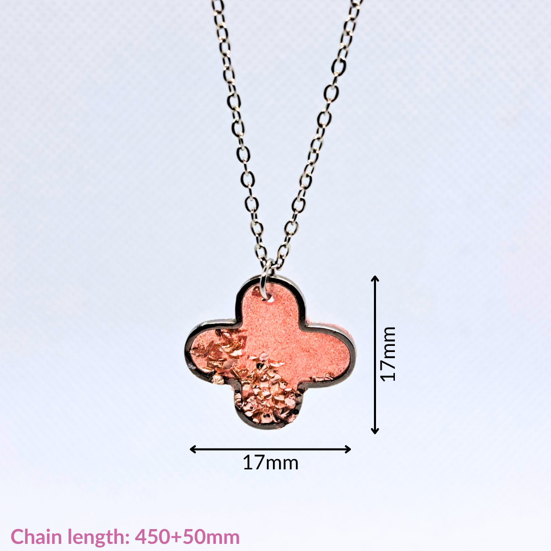 Medium Cross Necklace (Chain 45+5cm) - with Pink Crushed Glass in Pink Resin Set in Stainless Steel