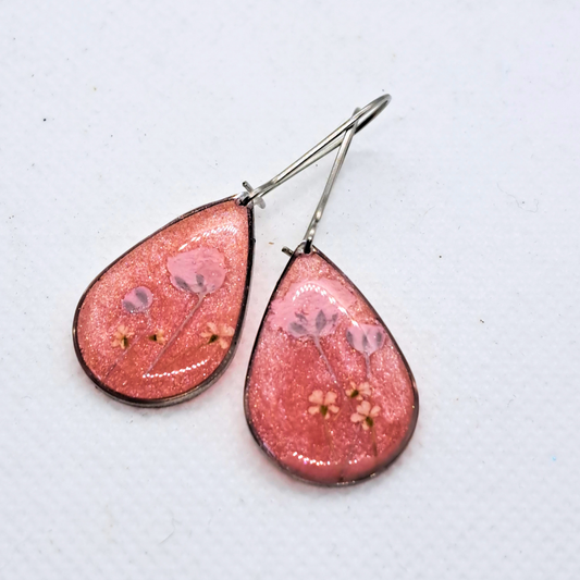Small Tear Drop Dangle Earring - Real Pink and White Pressed Flowers in Pink Resin Set in Stainless Steel