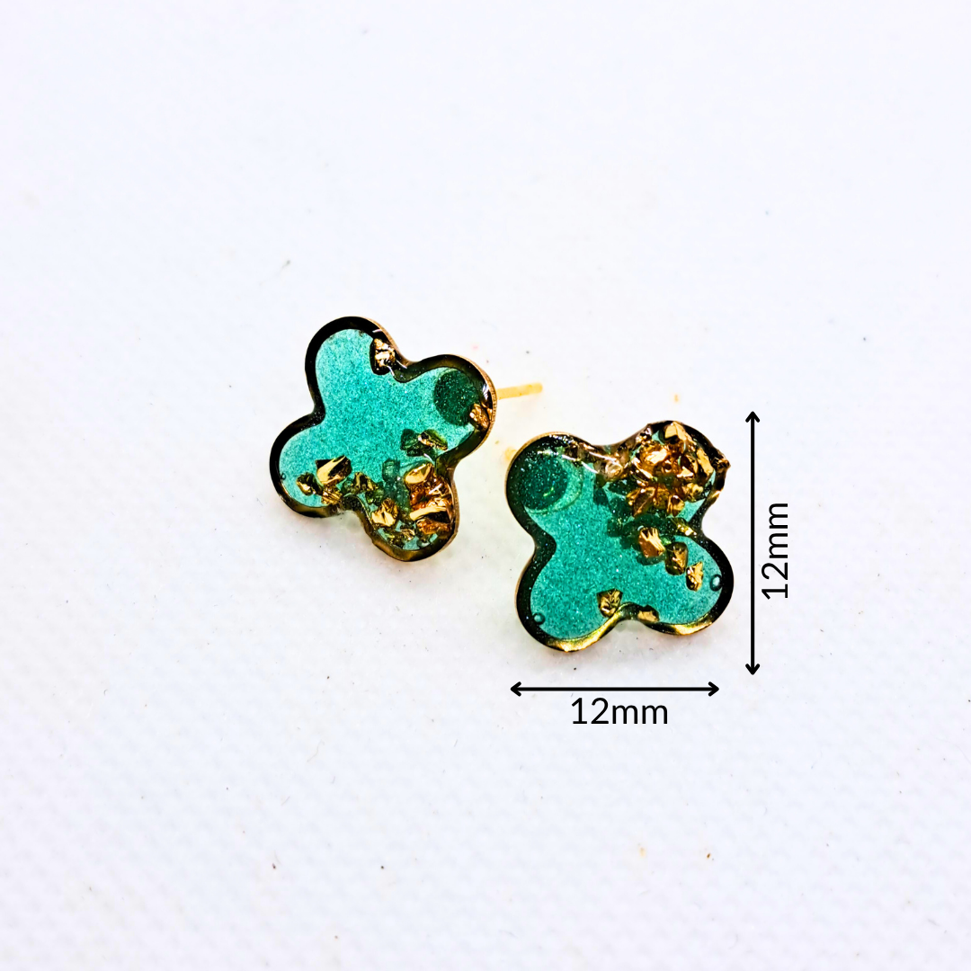 Small Cross Stud Earring - Green Resin with Gold Crushed Glass Set in Gold-Plated Stainless Steel