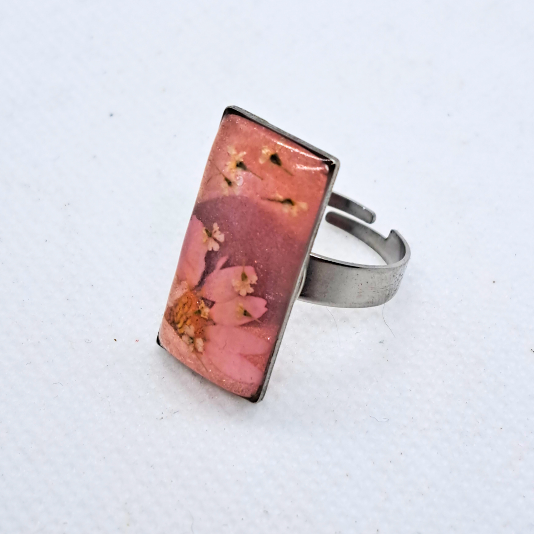 Medium Rectangle Ring - Real Pink and White Pressed Flowers in Pink Resin Set in Stainless Steel