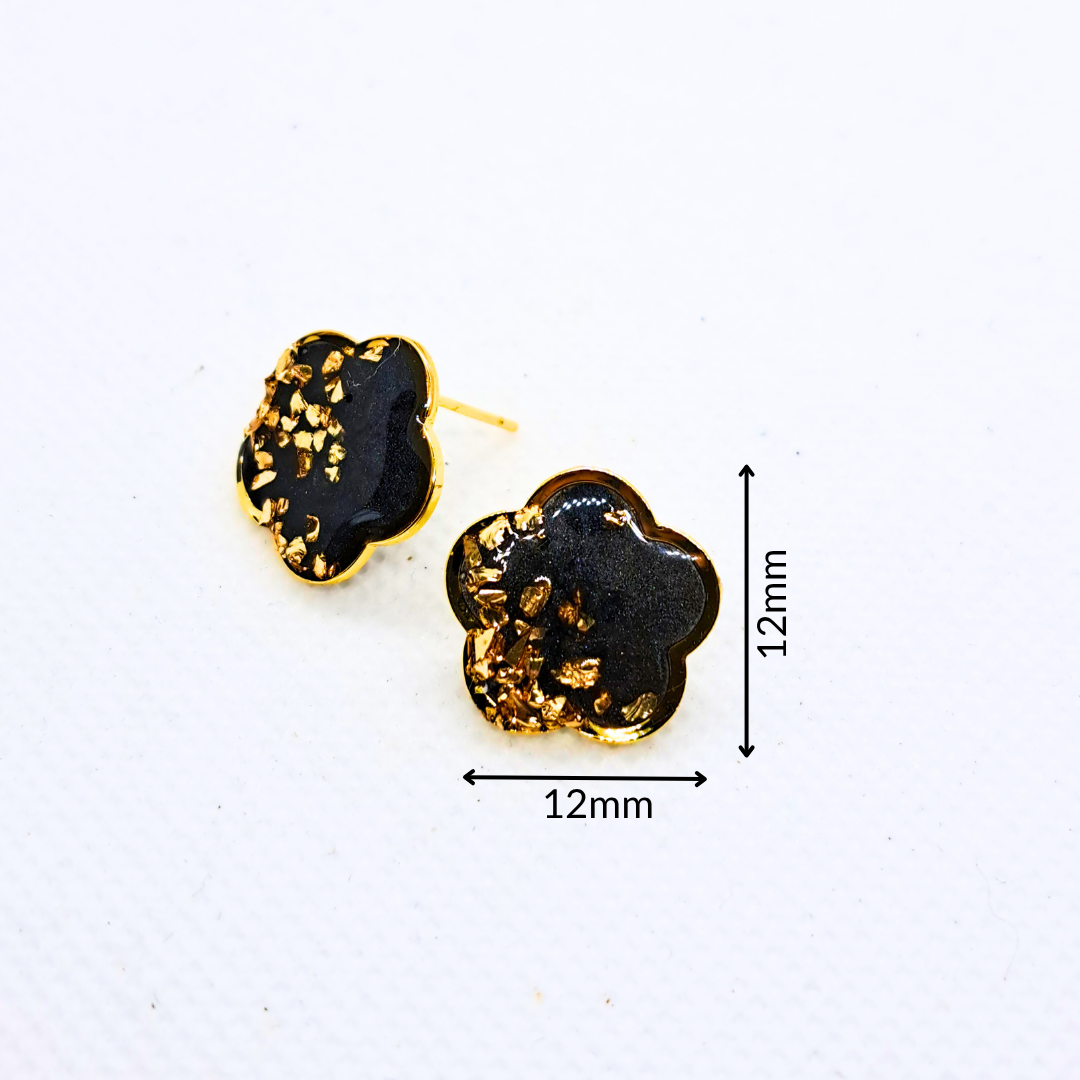 Small Flower Stud Earring - Black Resin with Gold Crushed Glass Set in Gold-Plated Stainless Steel