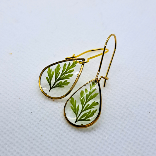 Small Tear Drop Dangle Earring - Real Pressed Leaf in Resin Set in Gold-Plated Stainless Steel