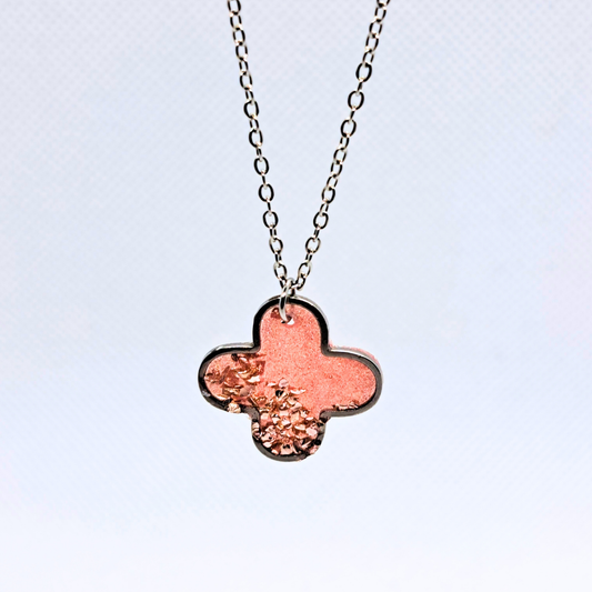 Medium Cross Necklace (Chain 45+5cm) - with Pink Crushed Glass in Pink Resin Set in Stainless Steel