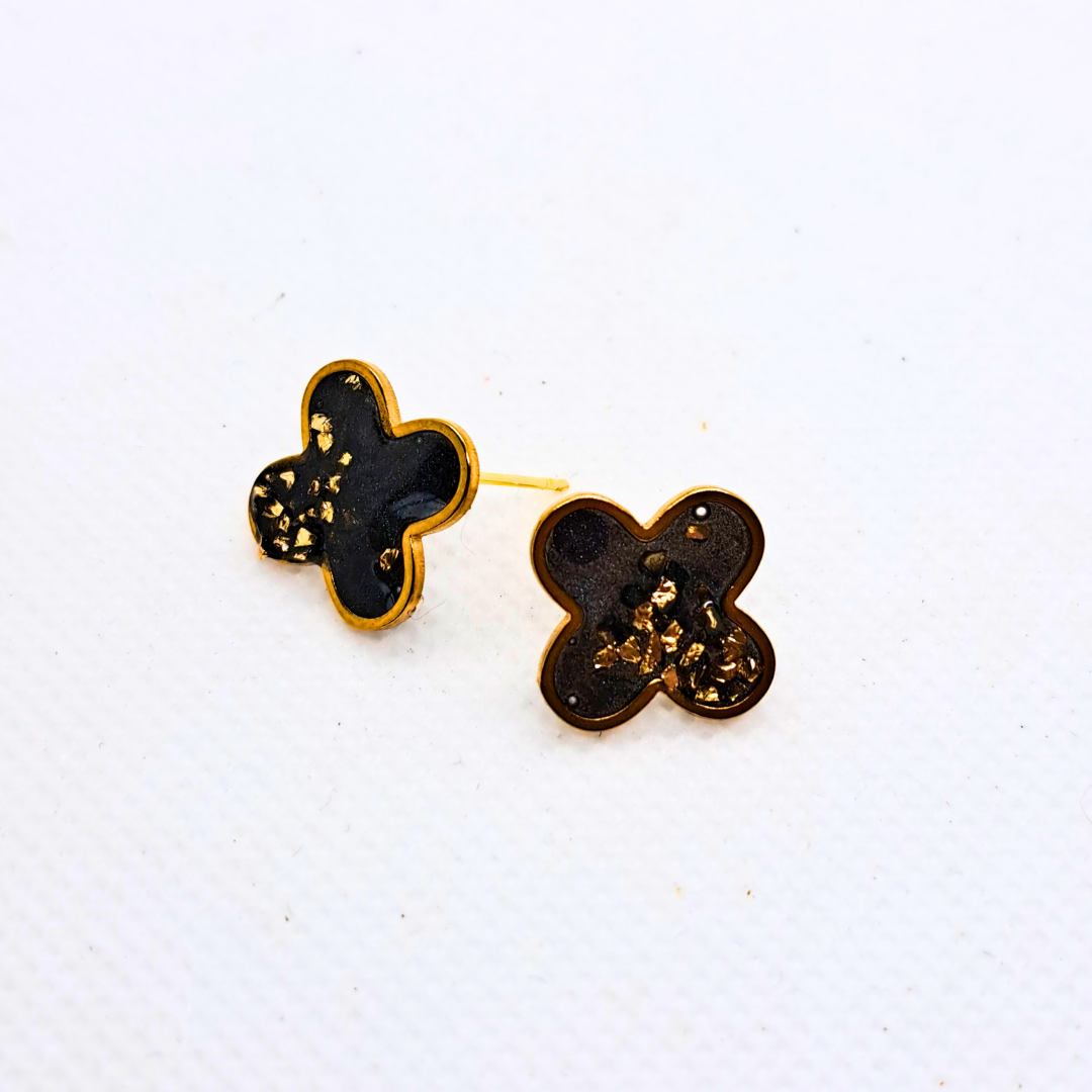Small Cross Stud Earring - Black Resin with Gold Crushed Glass Set in Gold-Plated Stainless Steel