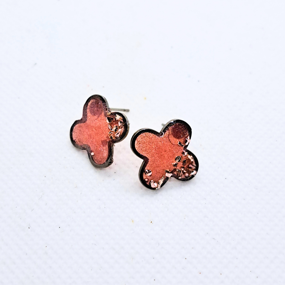 Small Cross Stud Earring - with Pink Crushed Glass in Pink Resin Set in Stainless Steel