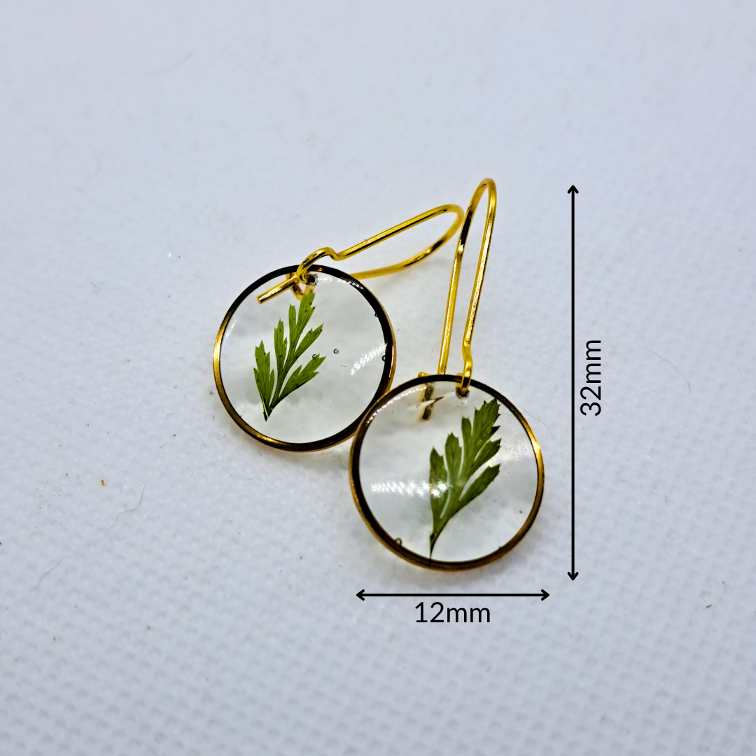 Small Round Dangle Earring - Real Pressed Leaf in Resin Set in Gold-Plated Stainless Steel