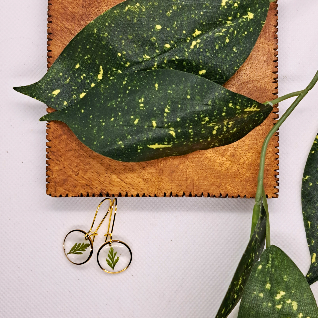 Small Round Dangle Earring - Real Pressed Leaf in Resin Set in Gold-Plated Stainless Steel